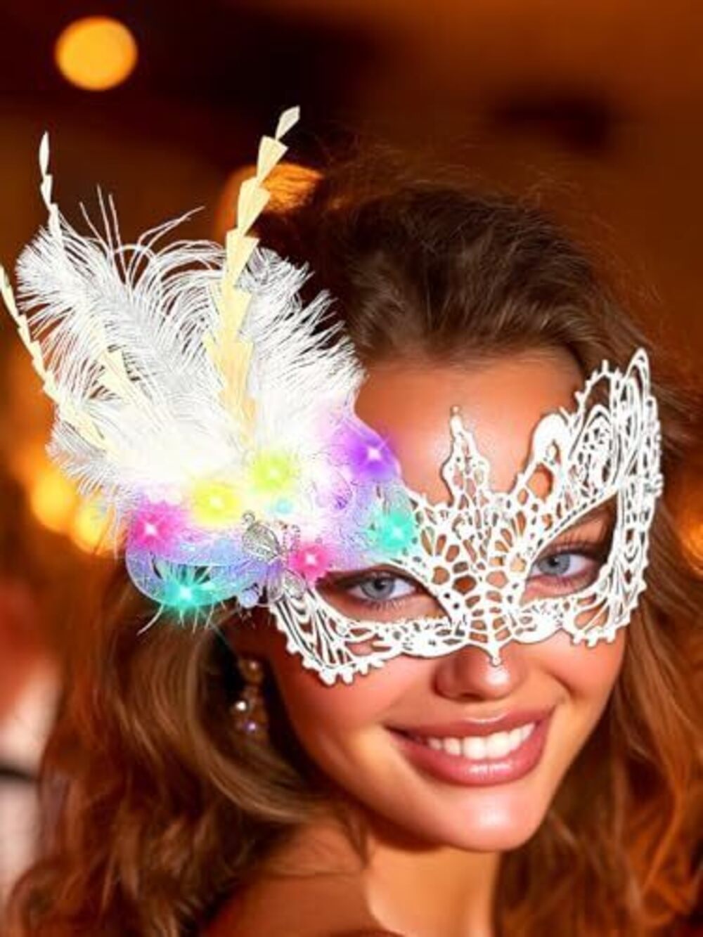 3074 Light up Masquerade Mask, White Lace Mask, Feather Venetian Masks
